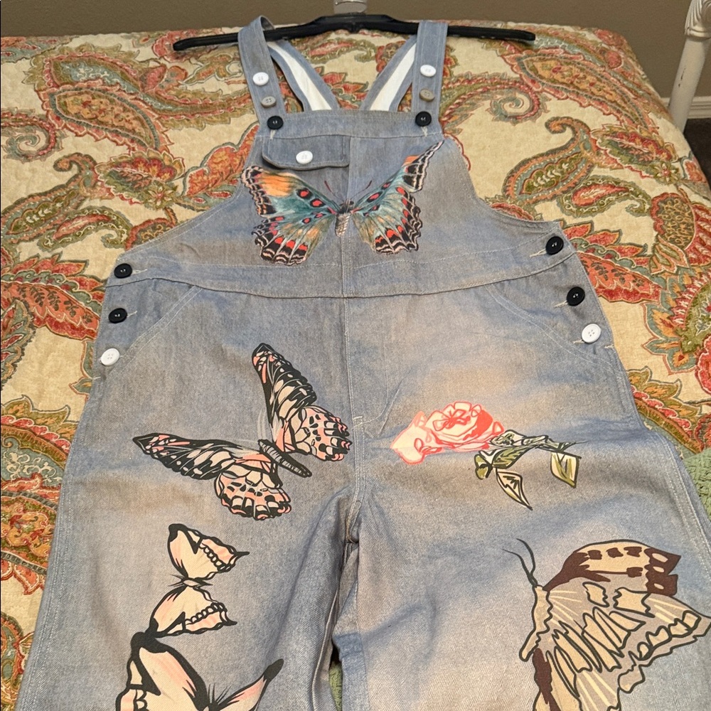 With Jean Blue Denim Overalls with Butterfly and Rose Designs